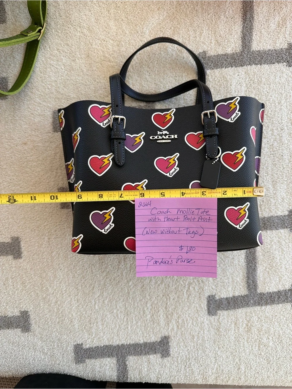 Coach Black Leather Tote with Colorful Heart & Lightning Motif